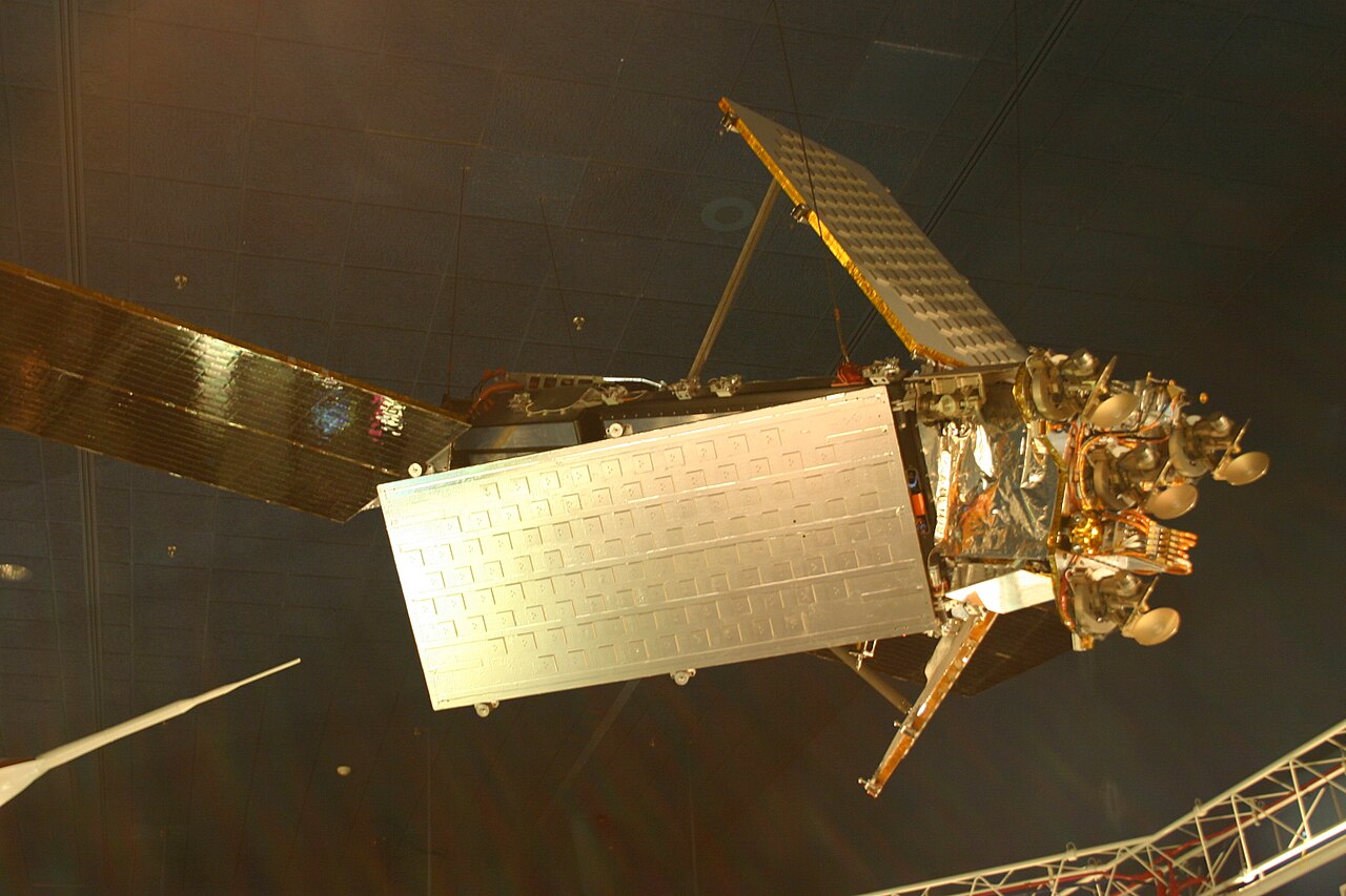 An Iridium communications satellite on display